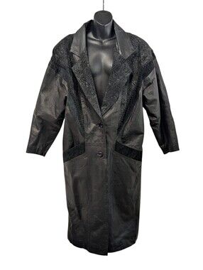Marco Morani Women's Black Leather Floral Lace Detail Long Trench Coat Jacket M